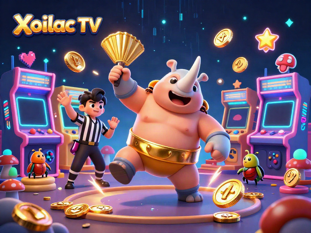 Xoilac TV features an exciting scene with a rhinoceros beetle sumo champion amidst flying coins, showcasing dynamic gambling action.
