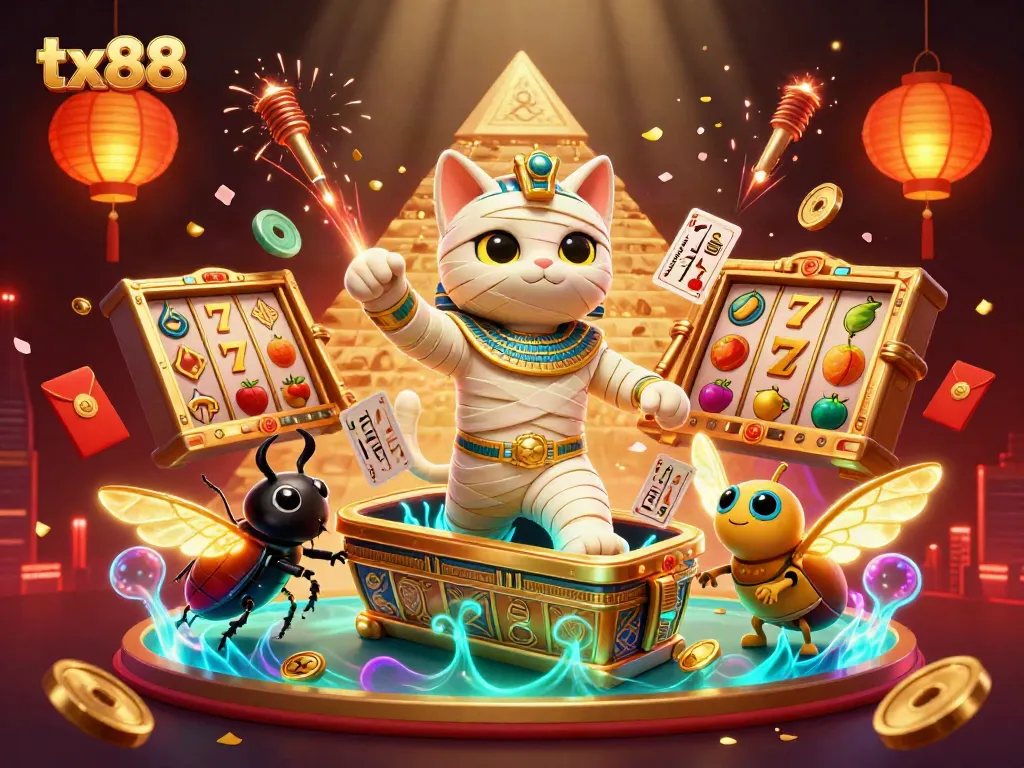 tx88 slot gaming scene featuring a mummy cat and scarab beetle with golden jewelry and dynamic casino elements.