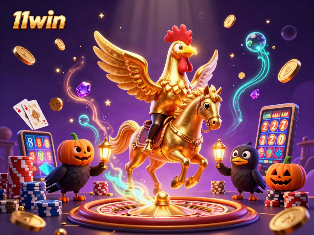Experience thrilling moments with 11win as the golden rooster rides through a vibrant casino.