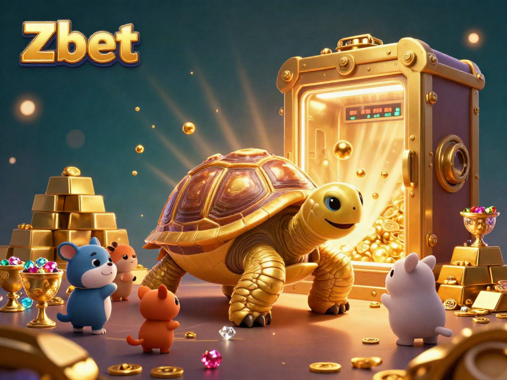 Zbet gaming scene featuring a golden tortoise pinball machine with gleaming treasures.