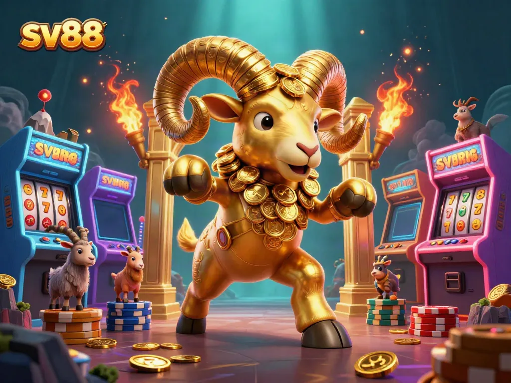 Experience excitement with sv88 as the golden ram charges through a casino-themed adventure.