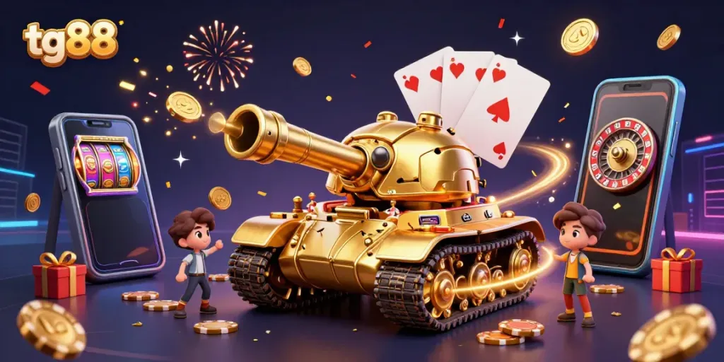 Experience thrilling action at tg88 with a vibrant 3D casino scene featuring a golden beetle tank and exciting gaming elements.