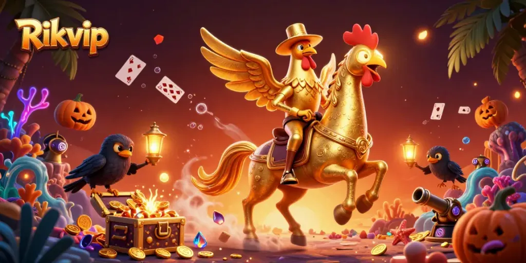 Experience the thrill of gaming with Rikvip in this vibrant casino scene, featuring a golden rooster and companions.