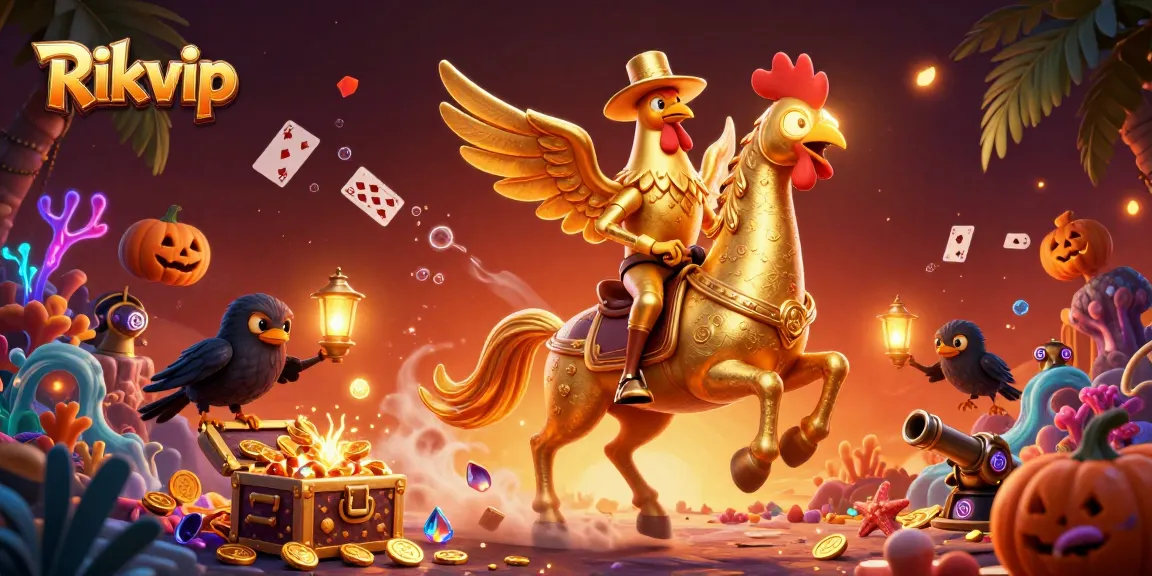 Experience the thrill of gaming with Rikvip in this vibrant casino scene, featuring a golden rooster and companions.