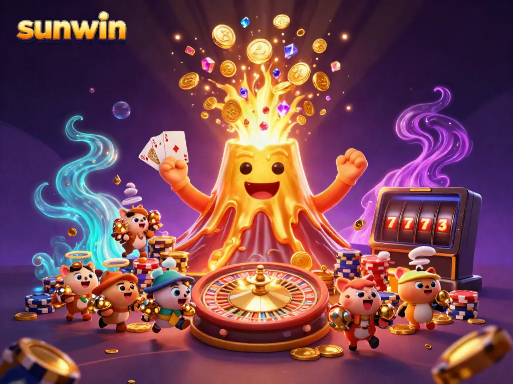 Experience the thrill of sunwin with a golden volcano erupting treasures, vibrant casino elements, and glowing effects.