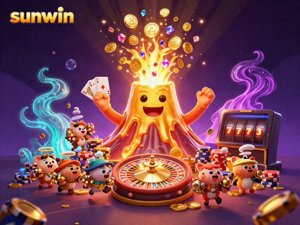 Experience the thrill of sunwin with a golden volcano erupting treasures, vibrant casino elements, and glowing effects.