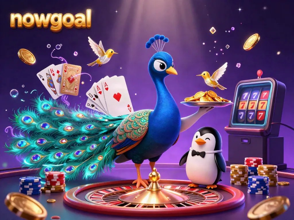 Experience the thrilling world of betting with nowgoal's captivating visual, featuring a peacock, penguin butler, and hummingbird.