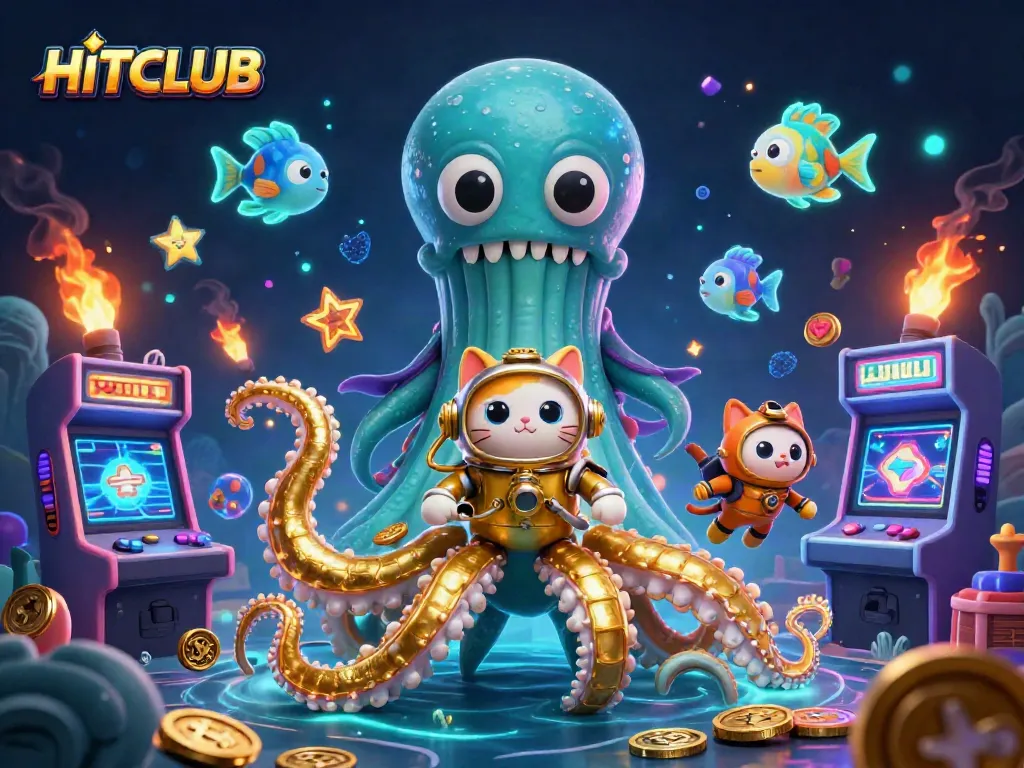 Experience thrill at HITCLUB with a colossal kraken, diving cat, and exciting gaming elements!