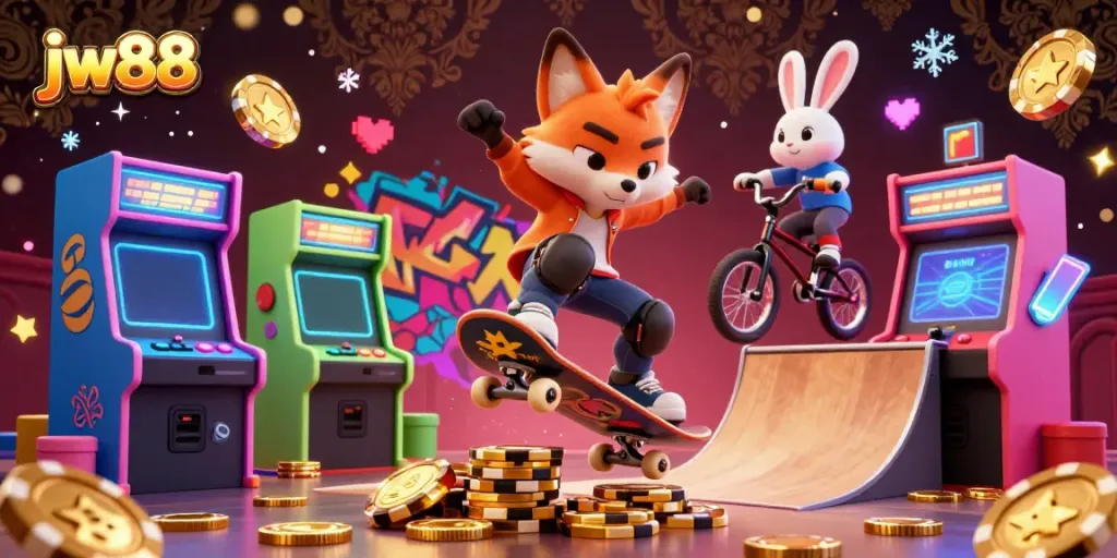 Experience thrilling gaming at jw88 in a dynamic 3D illustration, showcasing a fox and rabbit in a casino-themed arcade.