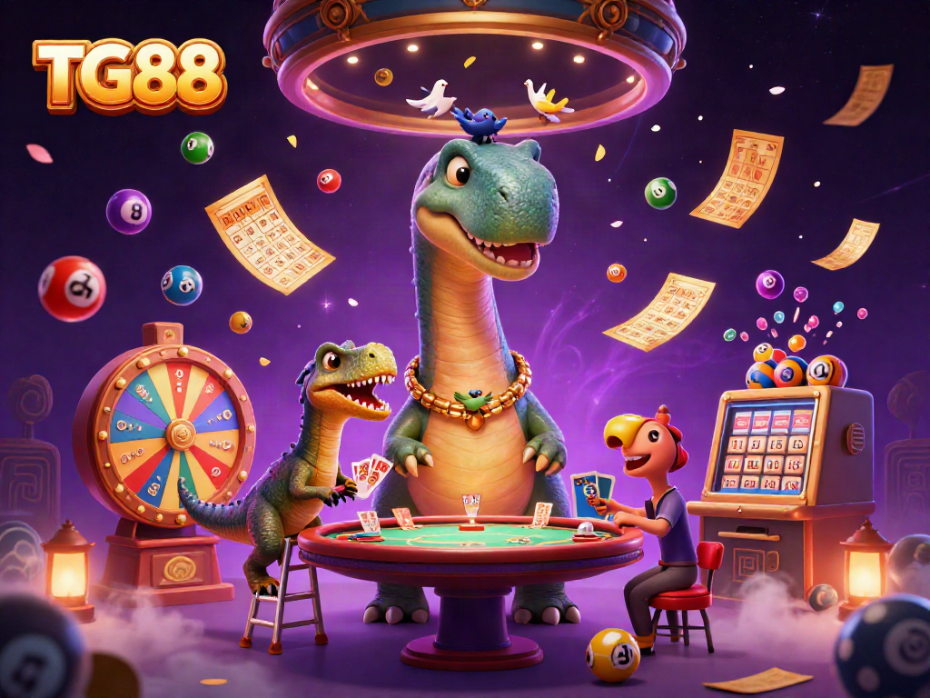 Experience the exciting world of TG88 with a playful brontosaurus and raptor dealer amid lively casino elements.