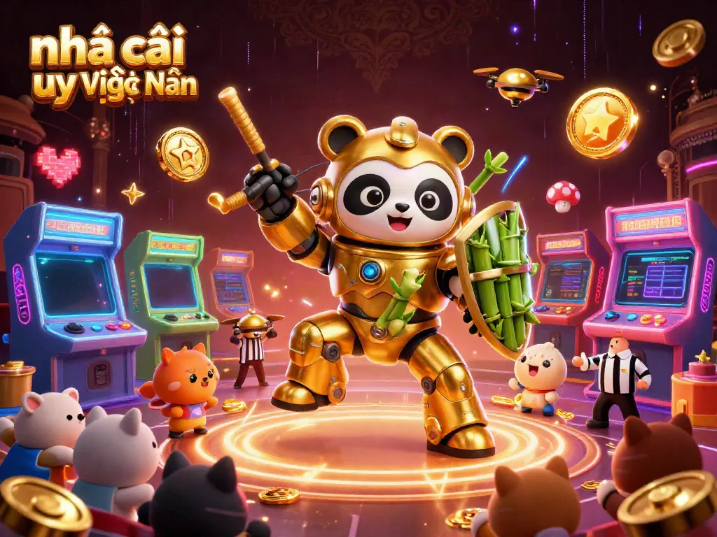 Experience the excitement of nhà cái uy tín Việt Nam featuring a mech-suit panda in a vibrant gaming arena.
