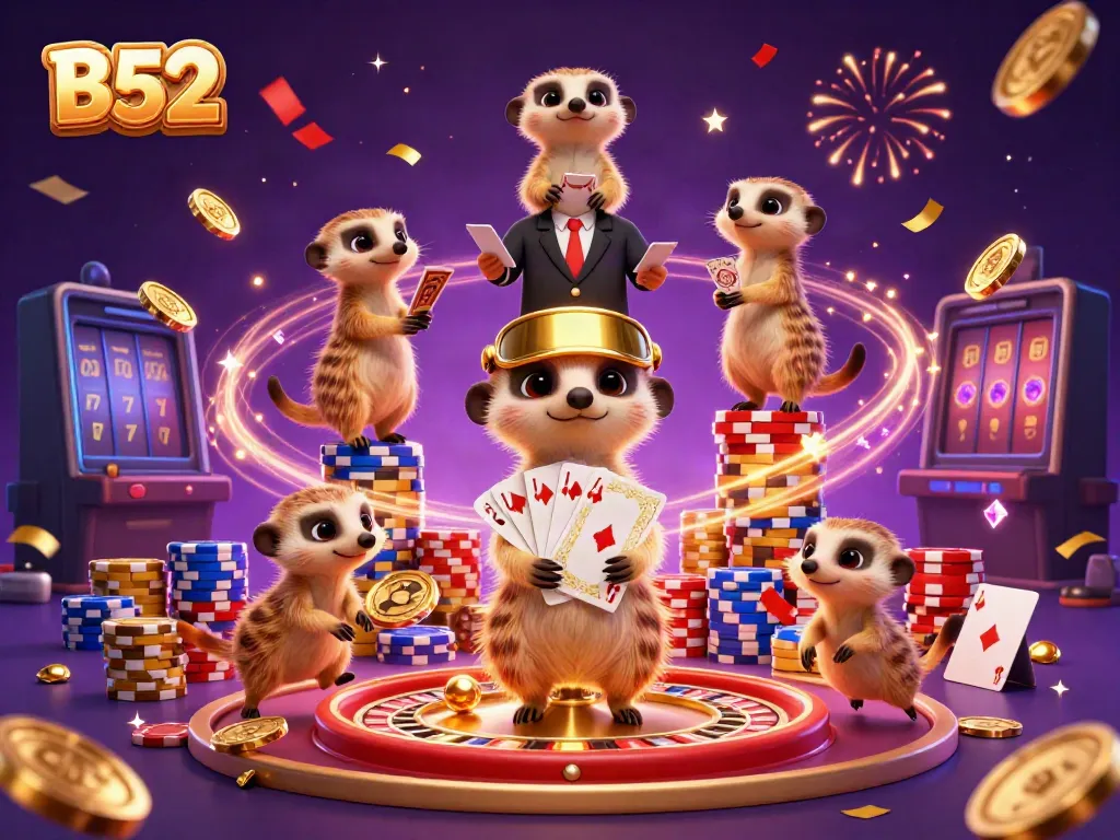 Experience the lively B52 casino with meerkats showcasing a variety of gaming activities and plentiful prizes.