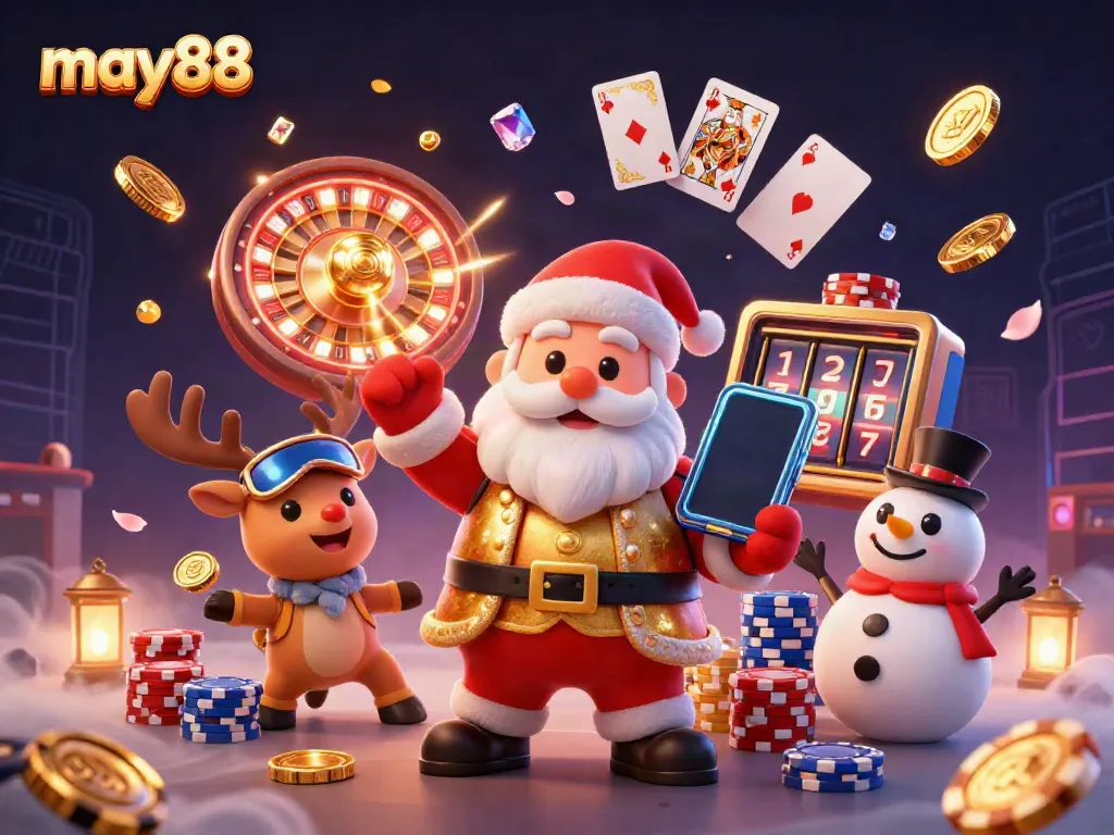 Experience excitement with may88 in this vibrant casino scene featuring Santa, a reindeer dealer, and a poker chip snowman.