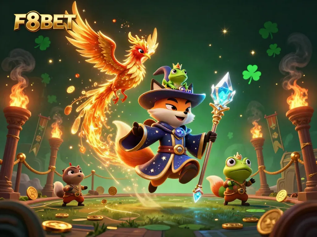Join the exhilarating gaming experience at F8BET with a mystical wizard fox and fiery phoenix.