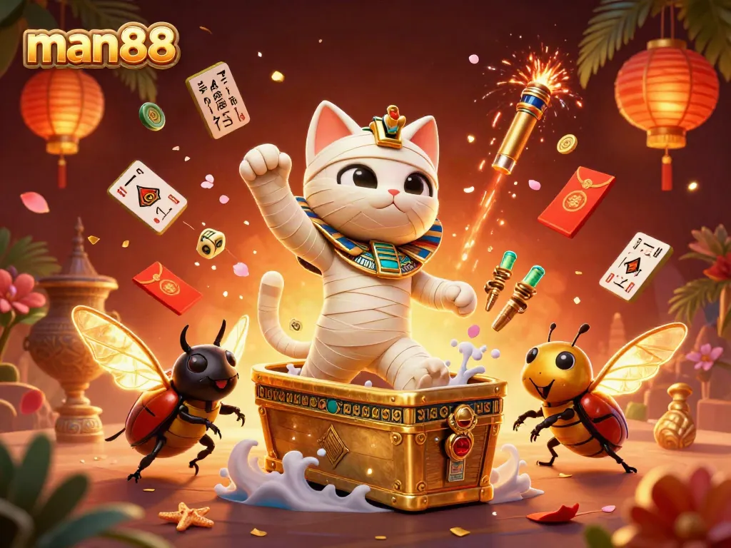 Experience the thrill of man88 with exciting gaming elements bursting from a vibrant casino.