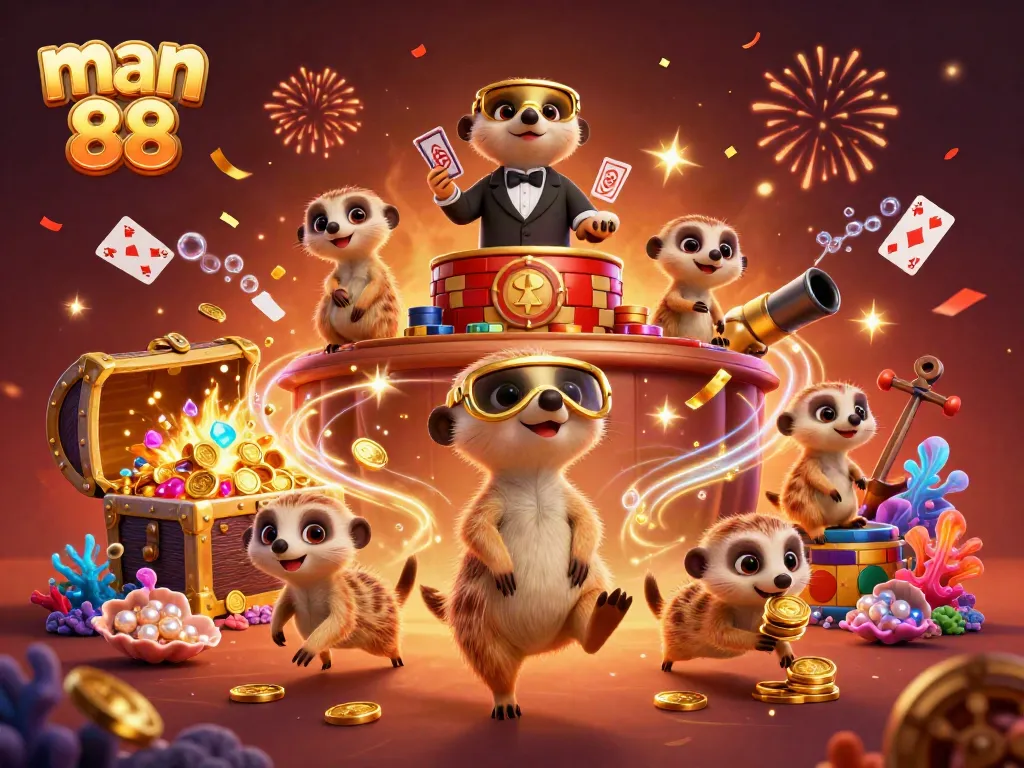 Experience thrilling casino action with man 88 as meerkats orchestrate a dynamic gambling scene filled with treasure and celebration.