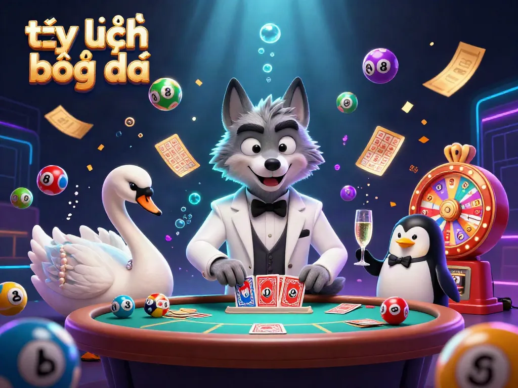 Engaging illustration of tỷ lệ bóng đá with a debonair wolf, elegant swan, and sophisticated penguin amidst dynamic gambling elements.