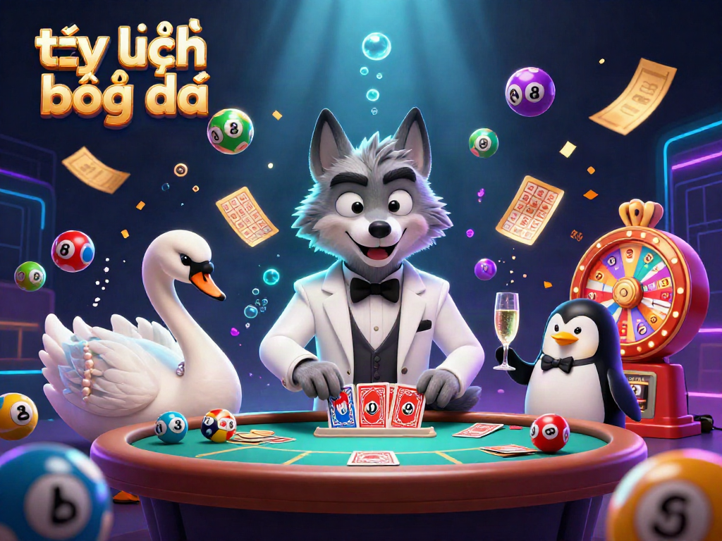 Engaging illustration of tỷ lệ bóng đá with a debonair wolf, elegant swan, and sophisticated penguin amidst dynamic gambling elements.