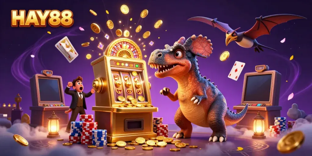 HAY88's vibrant casino adventure with a pachycephalosaurus winning jackpots amidst coins and cards.