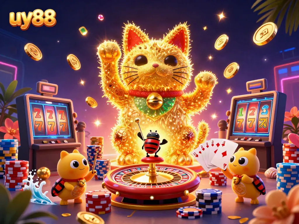 Experience the excitement of uy88 casino with a vibrant 3D illustration featuring a lucky cat and casino symbols.