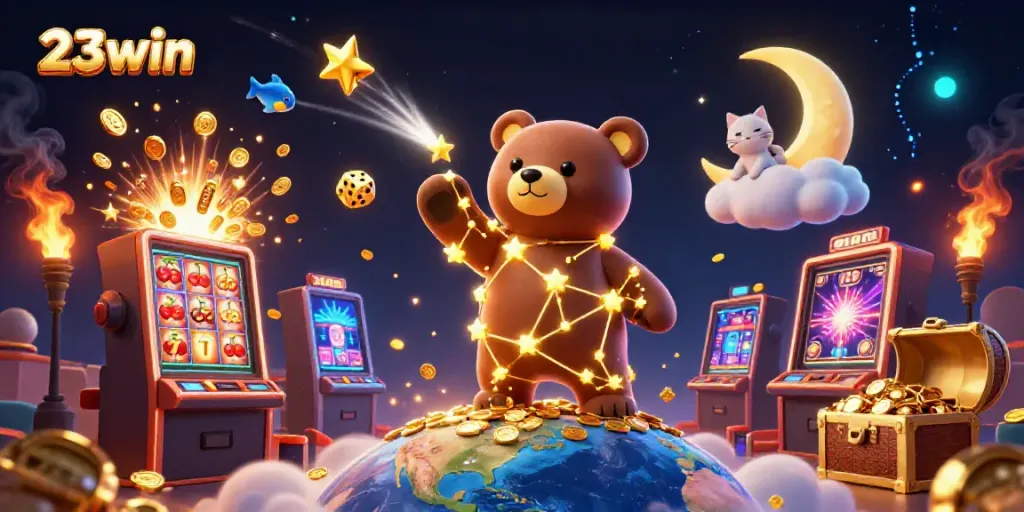 Experience the excitement of 23win with golden stars and vibrant casino elements in a dynamic illustration