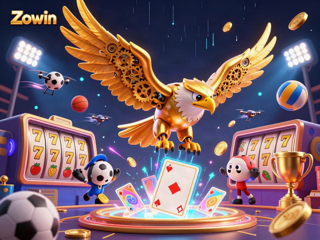 Zowin's vibrant casino scene featuring a golden eagle and dynamic game elements for excitement.