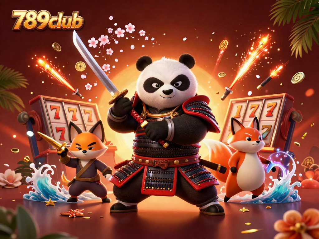 Experience thrilling gameplay at 789club with stunning graphics featuring samurai panda and vibrant 3D slot elements.
