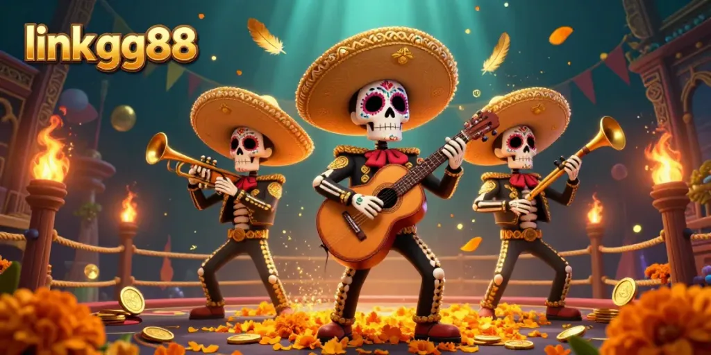 Create an engaging gambling experience with link gg88 featuring a vibrant mariachi band in a festive casino setting.