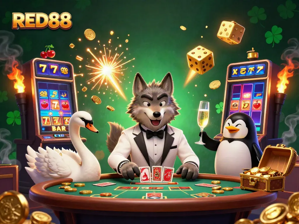 Experience thrilling baccarat with RED88 in this vibrant illustration featuring a debonair wolf, an elegant swan, and a sophisticated penguin amidst a jackpot explosion.