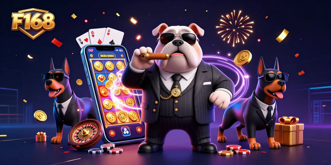 Engage with F168's exciting slots and casino adventures led by a charismatic mafia bulldog character.