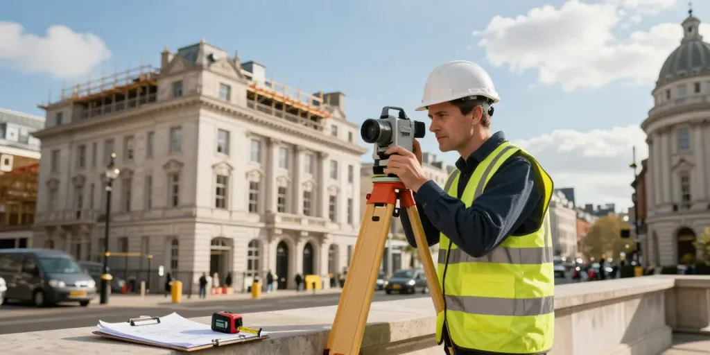 Measured Building Surveyors London conducting precise surveys on urban construction project.