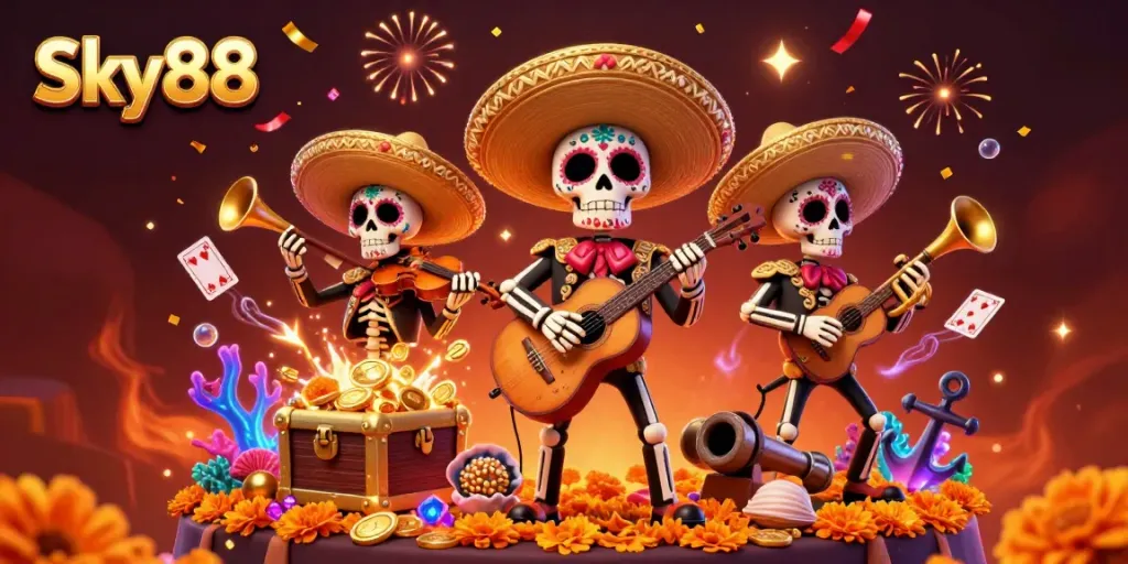 Experience thrilling gaming with Sky88's vibrant 3D skeleton mariachi band in a casino setting.