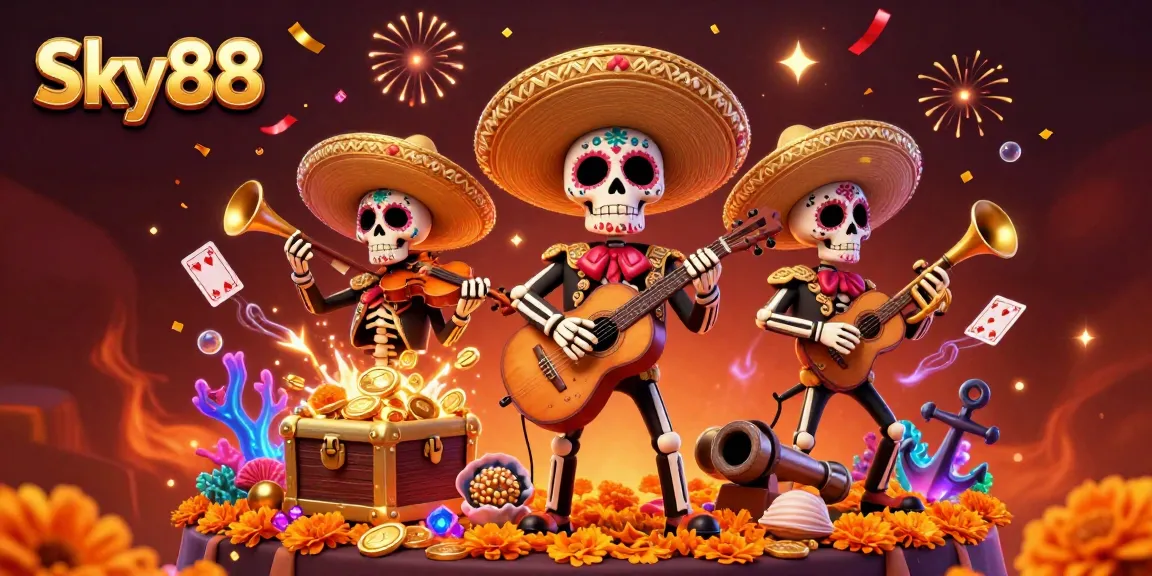 Experience thrilling gaming with Sky88's vibrant 3D skeleton mariachi band in a casino setting.
