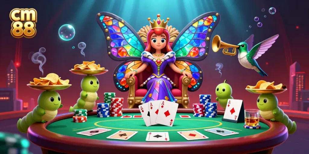 Experience the vibrant cm 88 casino scene with colorful poker chips and a butterfly queen.