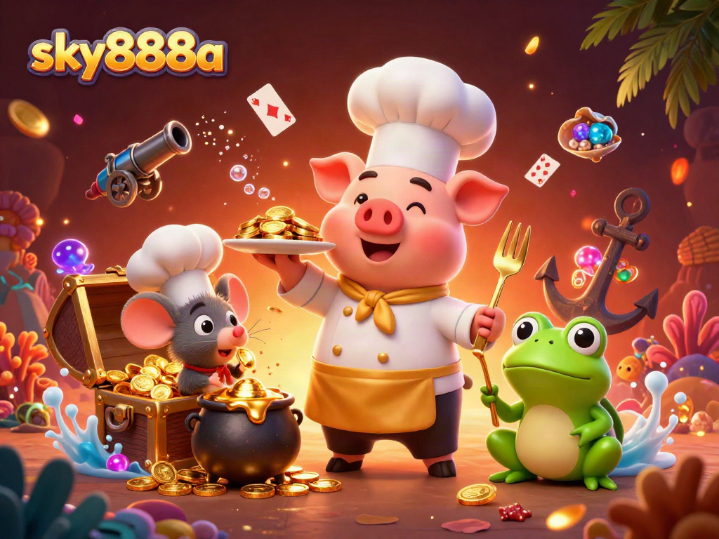 Experience thrilling gameplay with sky888a through a vibrant 3D casino illustration featuring dynamic characters and rich details.
