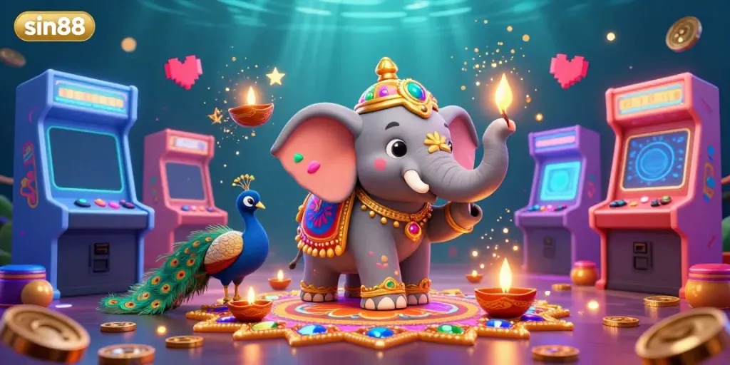 Engage in thrilling gameplay experiences at sin88, with a vibrant 3D elephant and festive elements.