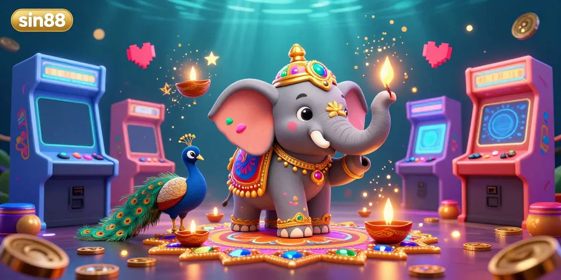 Engage in thrilling gameplay experiences at sin88, with a vibrant 3D elephant and festive elements.