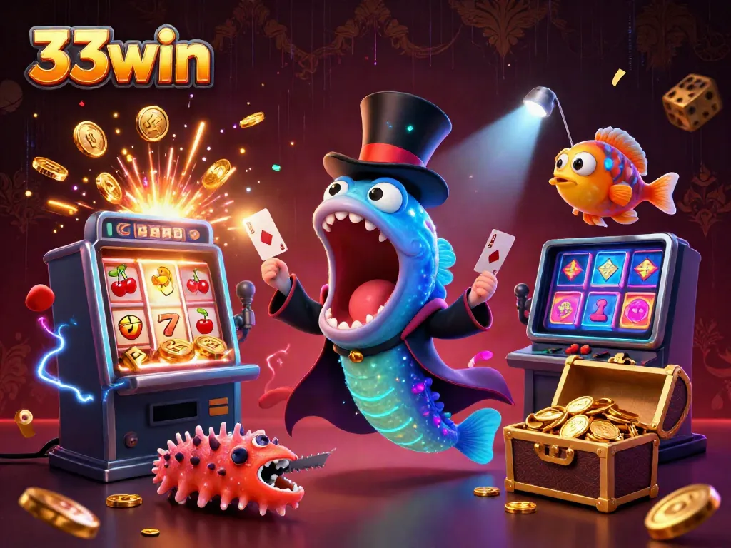 Experience thrilling card tricks with 33win's magical deep-sea characters in a vibrant casino scene.