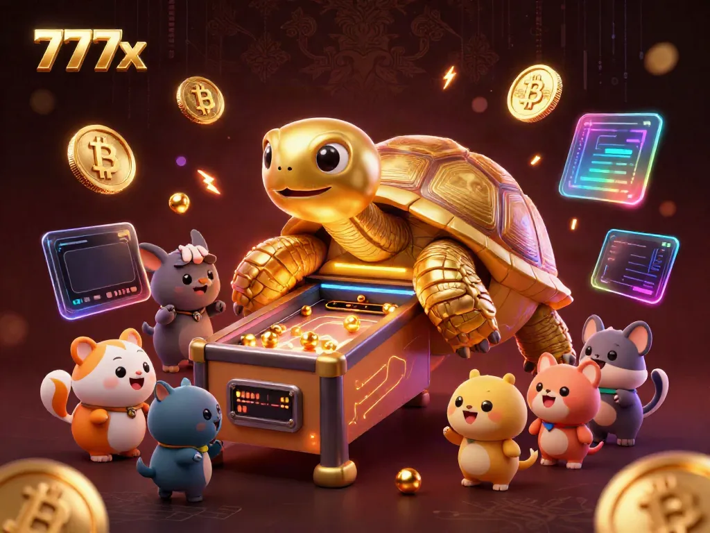 Players experience excitement at 777x casino, enjoying games around a golden tortoise pinball.