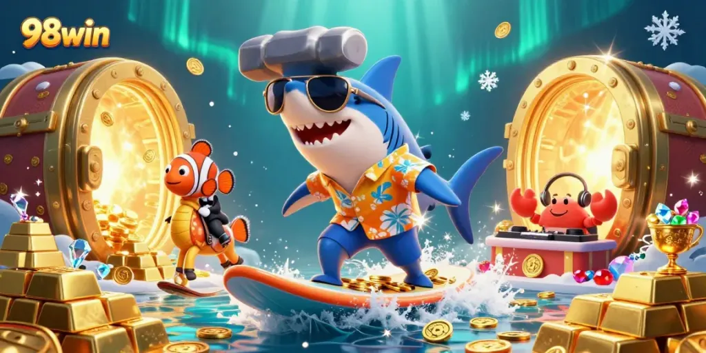Experience excitement with 98win's vibrant underwater casino scene showcasing gold coins and dynamic characters.