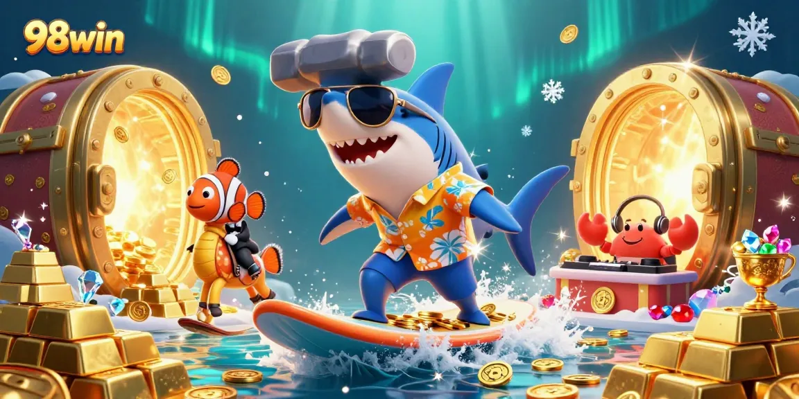 Experience excitement with 98win's vibrant underwater casino scene showcasing gold coins and dynamic characters.
