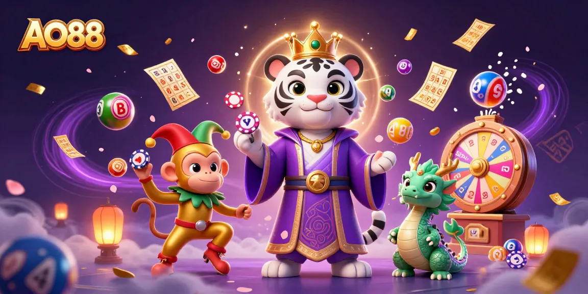 Engage with the vibrant AO88 casino scene featuring a royal tiger, jester monkey, and jade dragon.