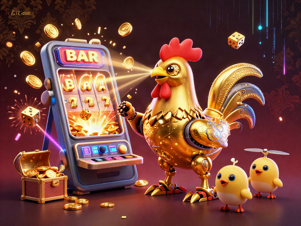 Engage in thrilling gameplay at b52club with an exciting scene featuring a golden rooster robot and vibrant casino elements.