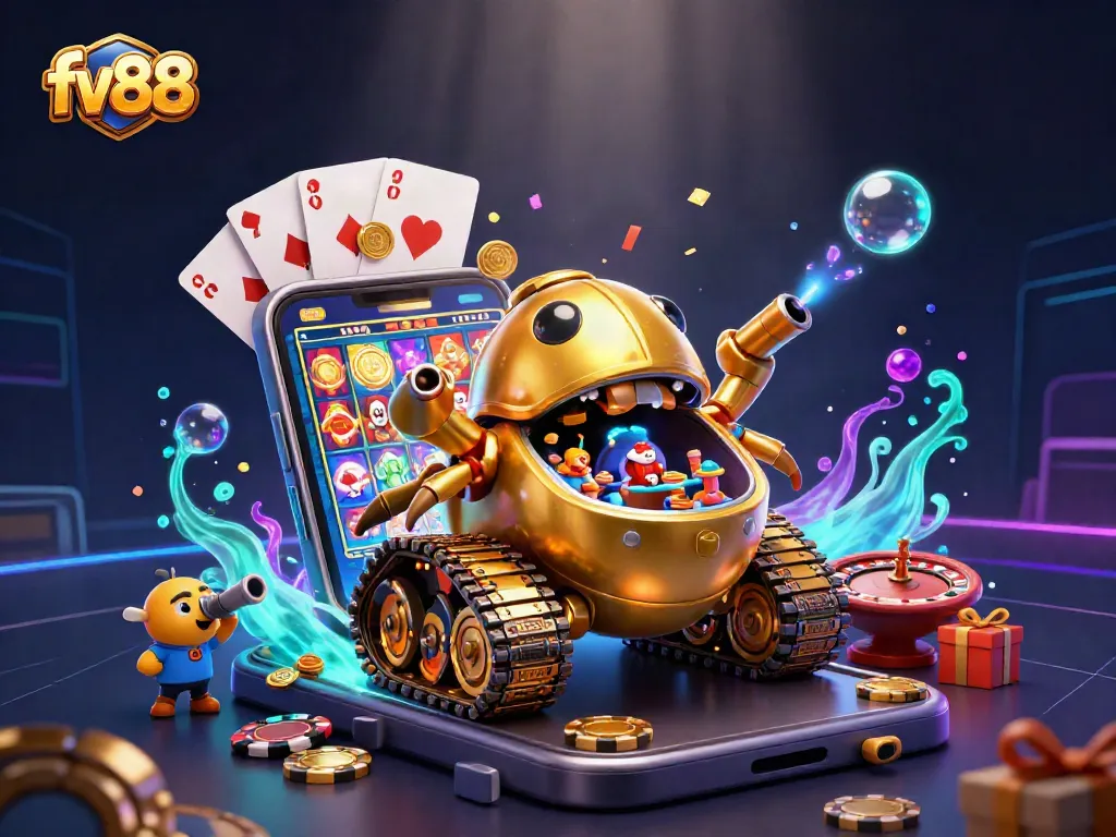 Experience vibrant gameplay with fv88 in an exciting casino scene featuring golden elements and games.