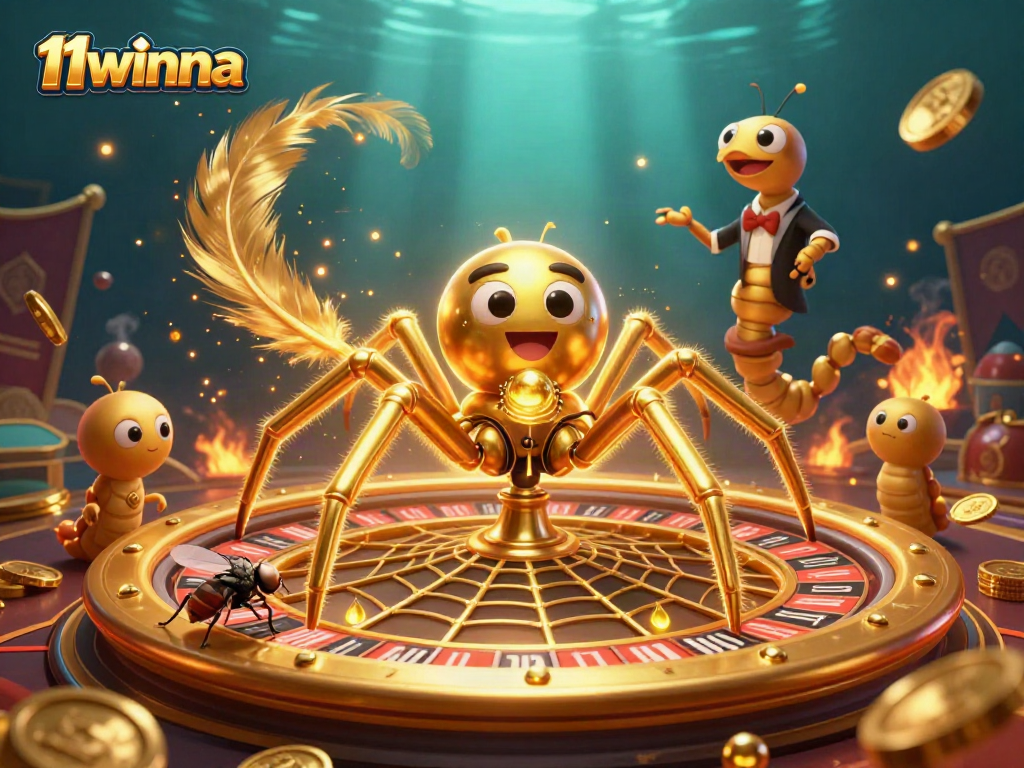 Engage in thrilling bets at 11winna's roulette wheel, featuring a golden spider and centipede croupier.