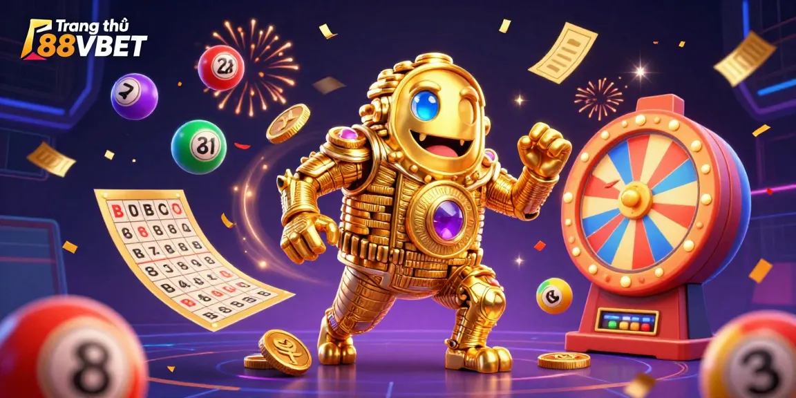 Spin to win at Trang chủ 88VBET with dynamic lottery balls and a golden coin golem.