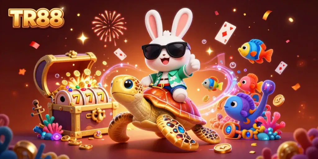 Experience excitement with TR88 as a lucky rabbit rides a golden sea turtle amidst vibrant casino elements.