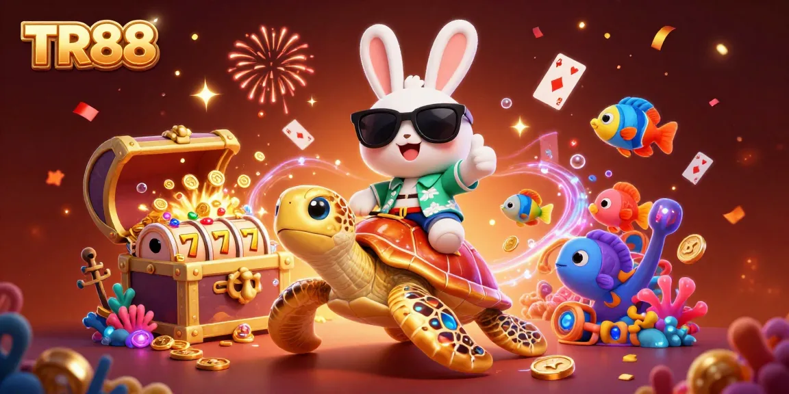 Experience excitement with TR88 as a lucky rabbit rides a golden sea turtle amidst vibrant casino elements.