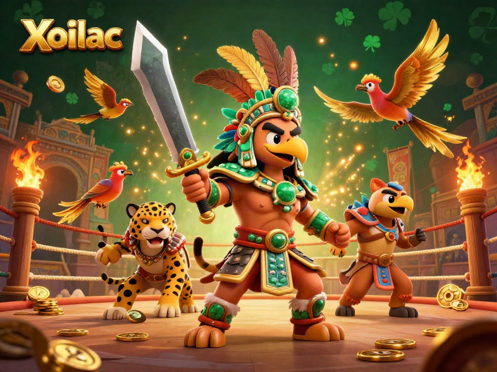 The Xoilac arena features a vibrant Aztec warrior eagle and jaguar, immersed in a thrilling sports betting scene.