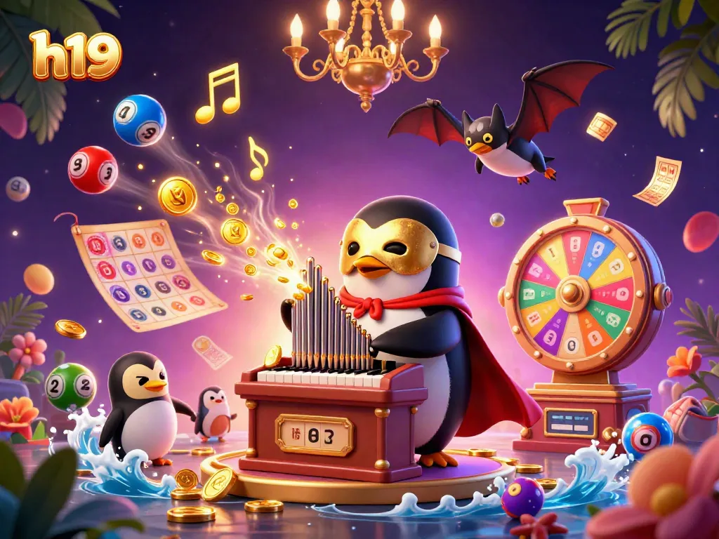 Play exciting games with h19, featuring a penguin organist, colorful lottery balls, and gold elements.